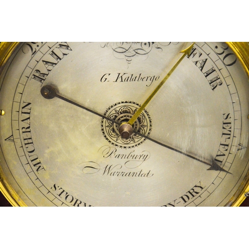 268 - A George III mahogany and satinwood strung banjo barometer, Kalabergo of Banbury, silvered dial, inl... 