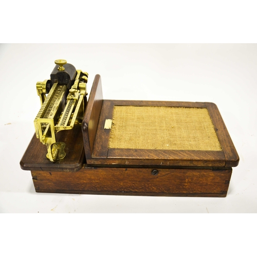 531 - A set of Edwardian scales by W&T Avery Ltd Birmingham, oak body with brass fittings, 26cm high, 51cm... 