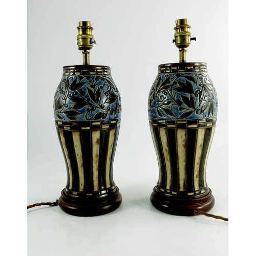 1228 - A pair of Doulton Lambeth vases, circa 1920, converted to bedside lamps, including fitting 37cm high... 