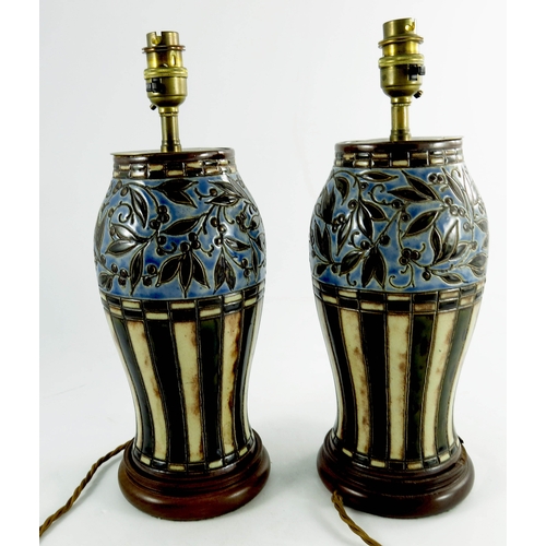 1228 - A pair of Doulton Lambeth vases, circa 1920, converted to bedside lamps, including fitting 37cm high... 