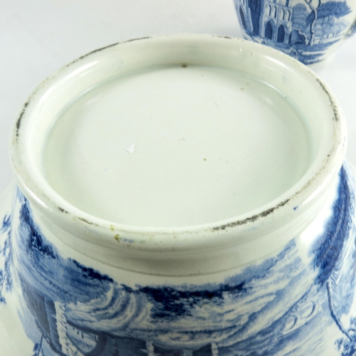 1525 - A Staffordshire blue and white transfer printed jug and bowl, circa 1825, ruined abbeys and vernacul... 