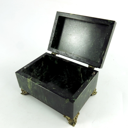 520 - A nephrite stone jewellery box, rectangular form, on ogee bracket feet, hinged lid decorated with gi... 