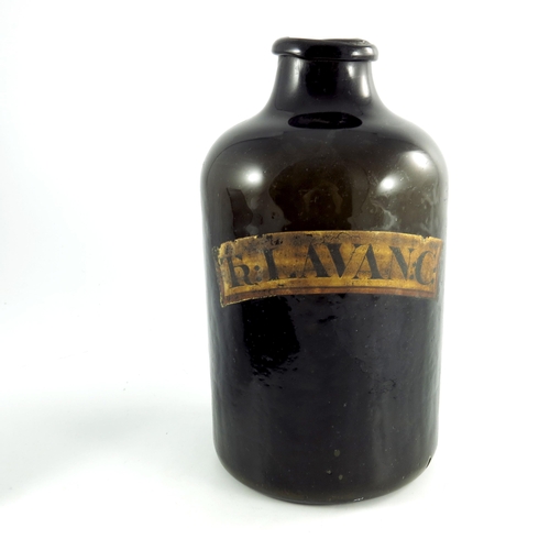 789 - Early freeblown black glass chemist's drug jar, with painted label Tr:LAVAN:C: and base pontil, 31.5... 