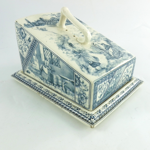 791 - A Victorian cheese dish and cover, with transfer printed diary images in blue and marked Cheshire Rd... 