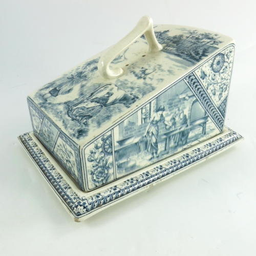 791 - A Victorian cheese dish and cover, with transfer printed diary images in blue and marked Cheshire Rd... 