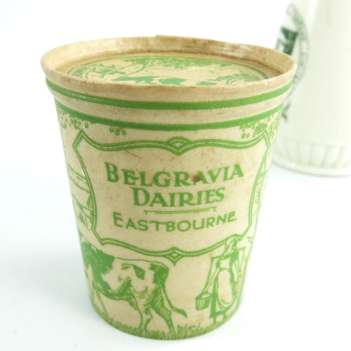 806 - A belleek cream jug with transfer in green from THE BELGRAVIA DAIRY COMPANY LIMITED, together with p... 