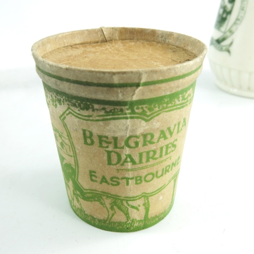 806 - A belleek cream jug with transfer in green from THE BELGRAVIA DAIRY COMPANY LIMITED, together with p... 