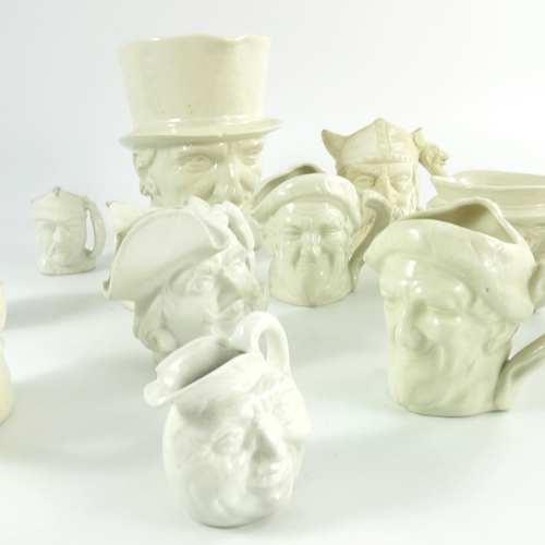 849 - A group of twelve Royal Doulton character jugs, miniature to large sizes, all white, some unglazed, ... 