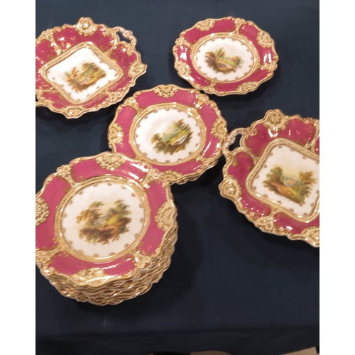 1541 - A Ridgeway scene painted dessert service, relief moulded and painted with various views, pink with d... 