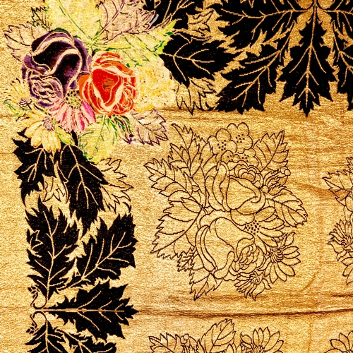 472 - A Chinese silk and gold thread embroidered shawl, circa 1930s, decorated with leaves and floral bouq... 