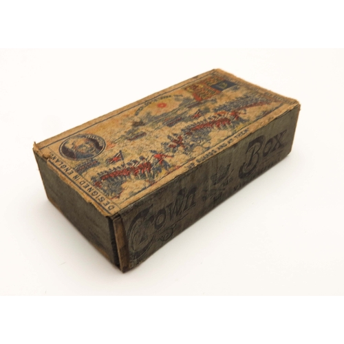 786 - A 19th century balsa box of ten swirl marbles, with paper label marked Crown Box, made in Germany de... 