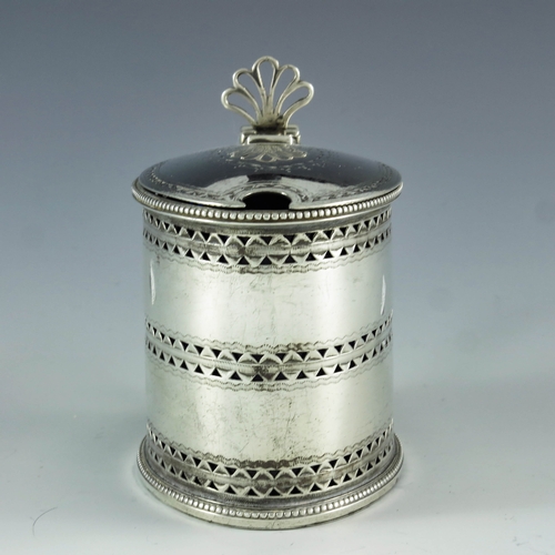 2010 - William Abdy, London 1786, a George III silver mustard pot, straight sided oval form, reticulated an... 