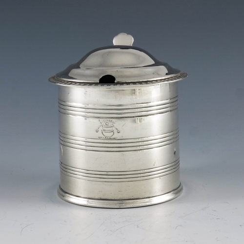 2023 - Edward Crofton, Dublin 1815, a George III Irish silver mustard pot, cylindrical form, etched with co... 