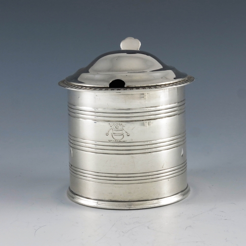 2023 - Edward Crofton, Dublin 1815, a George III Irish silver mustard pot, cylindrical form, etched with co... 