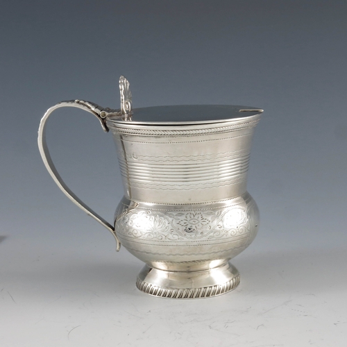 2044 - Naphtali Hart, London 1816, a George III silver mustard pot, footed bulbous beaker form with conical... 