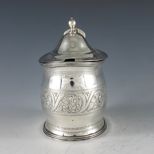 2053 - Abstinando King, London 1799, a George III silver mustard pot, bright cut oval ogee cylinder form, d... 