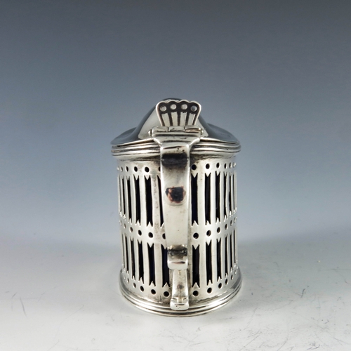 2067 - George Hunter I, London 1787, a George III silver mustard pot, straight sided oval form, reticulated... 