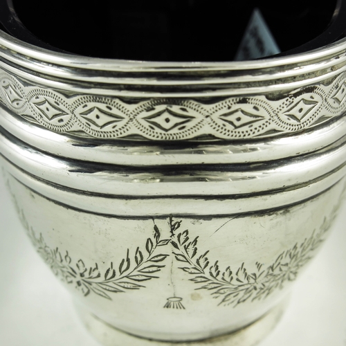 2073 - Abstainando King, London 1702, a George III silver mustard pot, bright cut oval navette form, decora... 