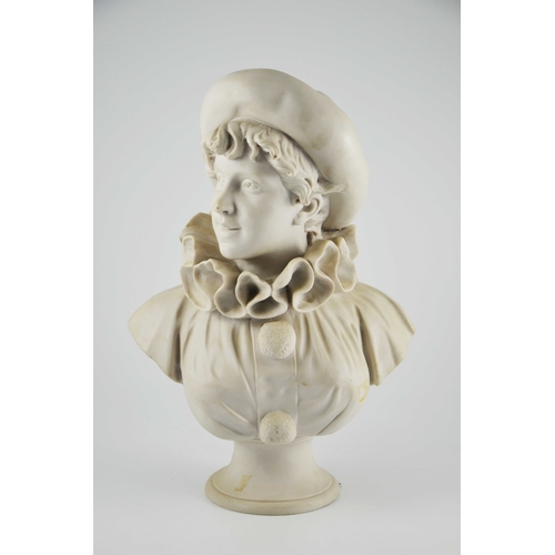 564 - Antonio Piazza, a carved marble bust of Pierrot, 19th century, modelled in clown outfit and hat, on ... 