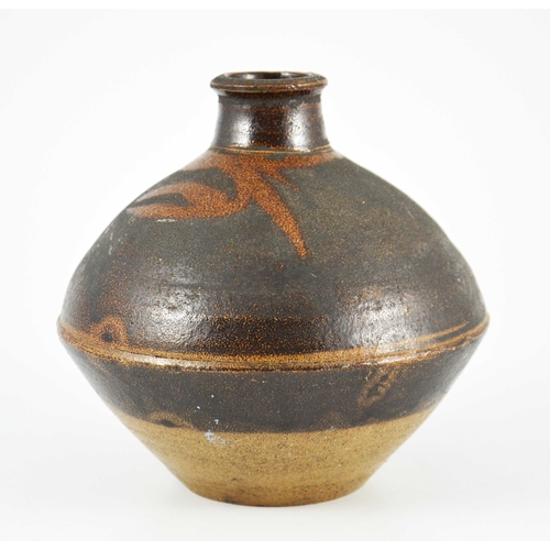 1402 - A St Ives, Leach studio pottery vase, in the style of Shoji Hamada, anglled ovoid form with narrow n... 