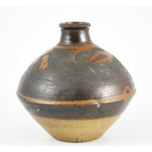 1402 - A St Ives, Leach studio pottery vase, in the style of Shoji Hamada, anglled ovoid form with narrow n... 