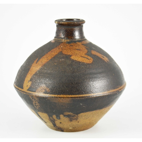 1402 - A St Ives, Leach studio pottery vase, in the style of Shoji Hamada, anglled ovoid form with narrow n... 