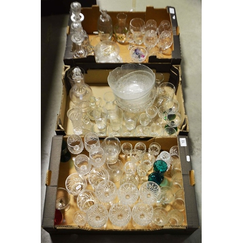 10 - Three Trays of assorted glassware, cut and pressed drinking glasses, bowls and sundry ware.