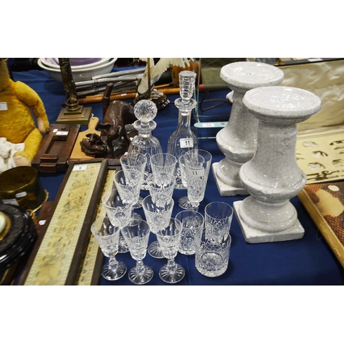 11 - Two Waterford crystal glass decanters, seven Lismore pattern wine glasses, three sherry glasses and ... 