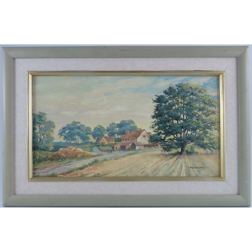 150 - Reg Gardner (b.1948), Stubble Season, oil on board, signed, 22.5cm x 42cm, framed