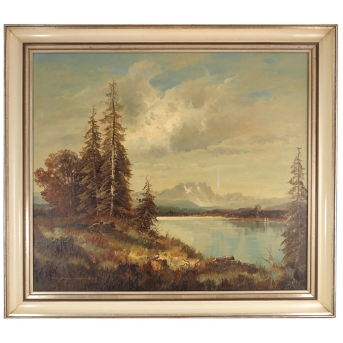 152 - Otto Schuster (b.1924), Lakeside View with Pine Trees, oil on canvas, signed, 69cm x 79cm, framed