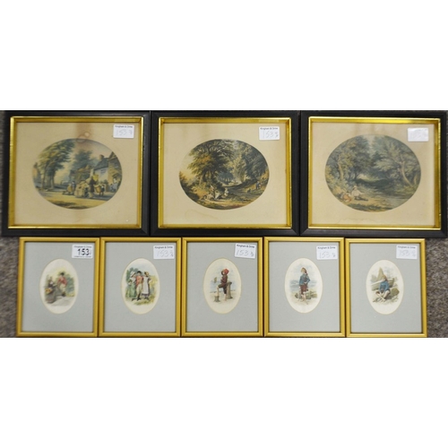 153 - A set of three late 19th century prints on silk depicting fisherboys, another two, English romantic ... 