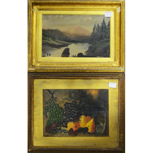 171 - A pair of 19th Century landscapes, oil on canvas, framed, G Clare 'Still Life study of fruit', water... 