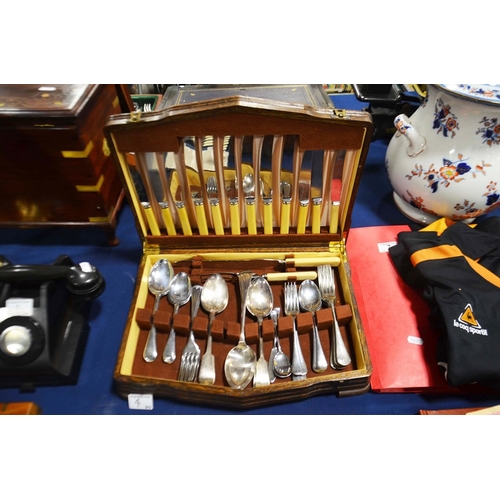 4 - A part canteen of cutlery in wooden case, a set of six wooden cased fish knives and a set of six but... 