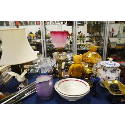 53 - An early  20th Century, oil lamp, etched ruby glass shade, together with a pottery jug and two bowls... 