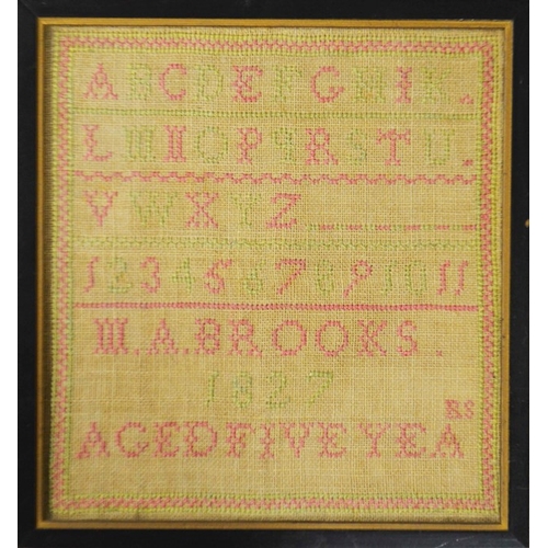 205 - Maryann Brooks aged eight years, cross stitch sampler, 'Jesus permit thy gracious name to stand, As ... 