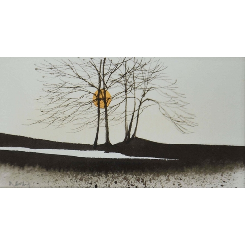 206 - Robert Massey, Sun and tree silhouette, signed, 12 cm x 11 cm, framed, and two smaller examples.   (... 