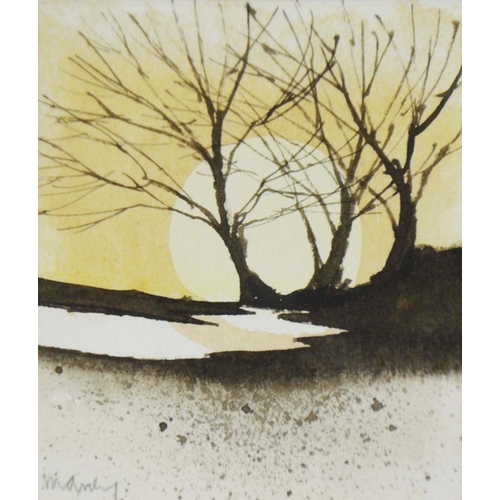 206 - Robert Massey, Sun and tree silhouette, signed, 12 cm x 11 cm, framed, and two smaller examples.   (... 