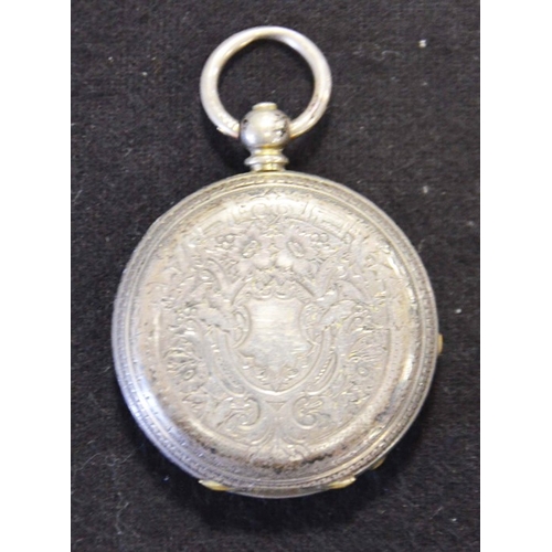 214 - 'Fine Silver', ladies pocket watch, silvered dial with applied ormolu and floral decoration.