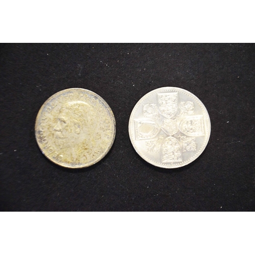 222 - George V silver Crown 1930, verso wreath crown, and a Elizabeth II Coronation Five Shilling Crown 19... 