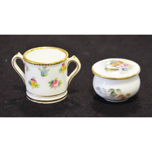 227 - A Mintons miniature tyg painted with flowers, gilded detail, height 3cm, together with Rushton for R... 