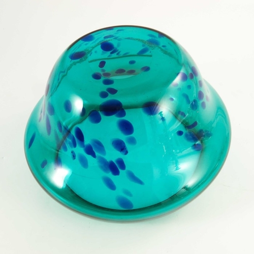 261 - An art glass bowl, squat acorn form, turquoise with blue spots to the lower body, 25cm diameter