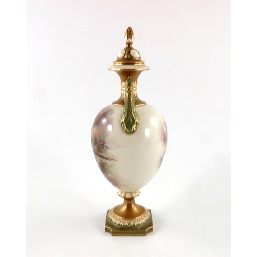 281 - James Stinton for Royal Worcester, a pheasant painted twin handled vase and cover, 1913, pedestal ur... 