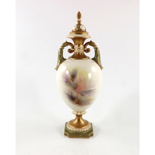 281 - James Stinton for Royal Worcester, a pheasant painted twin handled vase and cover, 1913, pedestal ur... 