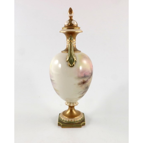 281 - James Stinton for Royal Worcester, a pheasant painted twin handled vase and cover, 1913, pedestal ur... 