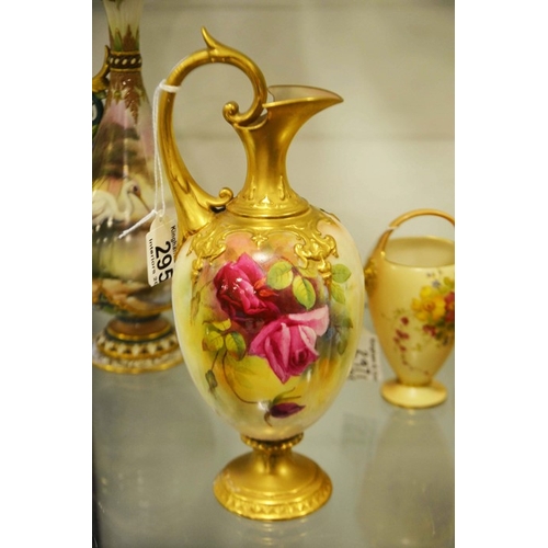 295 - R Rushton for Royal Worcester, quaterlobed ewer, decorated with roses to a blush ivory ground, gilde... 