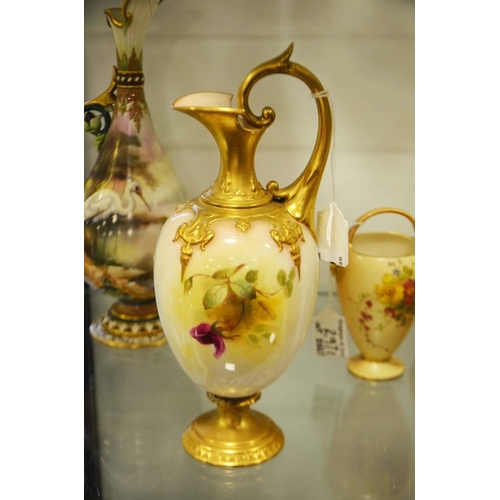 295 - R Rushton for Royal Worcester, quaterlobed ewer, decorated with roses to a blush ivory ground, gilde... 