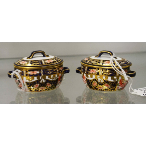 302 - Royal Crown Derby, a pair of miniature fish kettles or tureens and covers, 6299, Old Witches Imari p... 