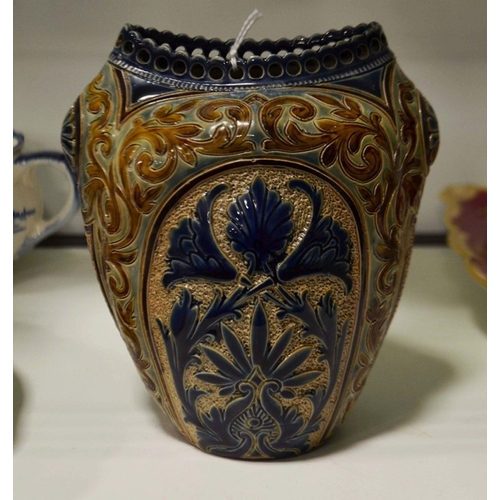 305 - Frank A Butler for Doulton Lambeth,  lobed flared vase, decorated with blue flowers and brown glazed... 