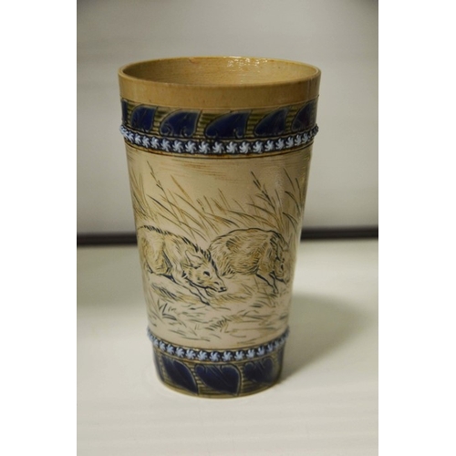 306 - Hannah Barlow for Doulton Lambeth,  stoneware beaker, incised sgraffito decoration depicting dogs ch... 