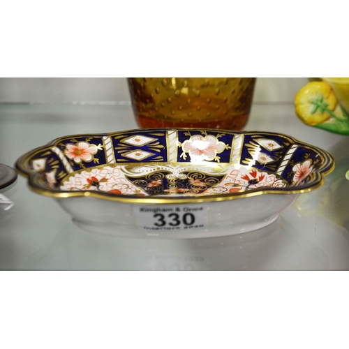 330 - A Royal Crown Derby dish, quater-lobed form, decorated in the Imari pattern 2451, 18cm x 20cm